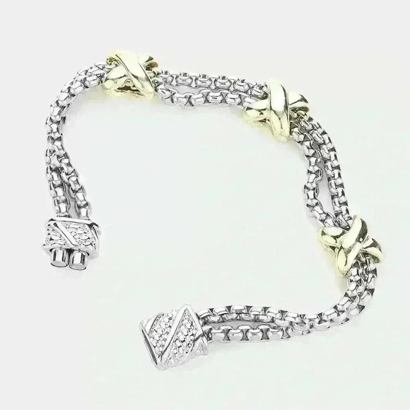 Two Tone 14K Gold Criss Cross Mesh Magnetic Closure Bracelet - Picture 2 of 5